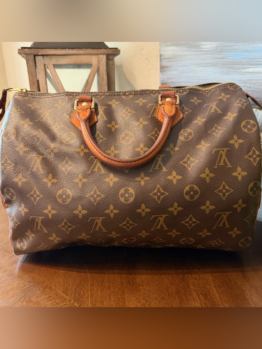 Vintage Louis Vuitton Brown Monogram Canvas Speedy 35 Satchel with Tan Trim